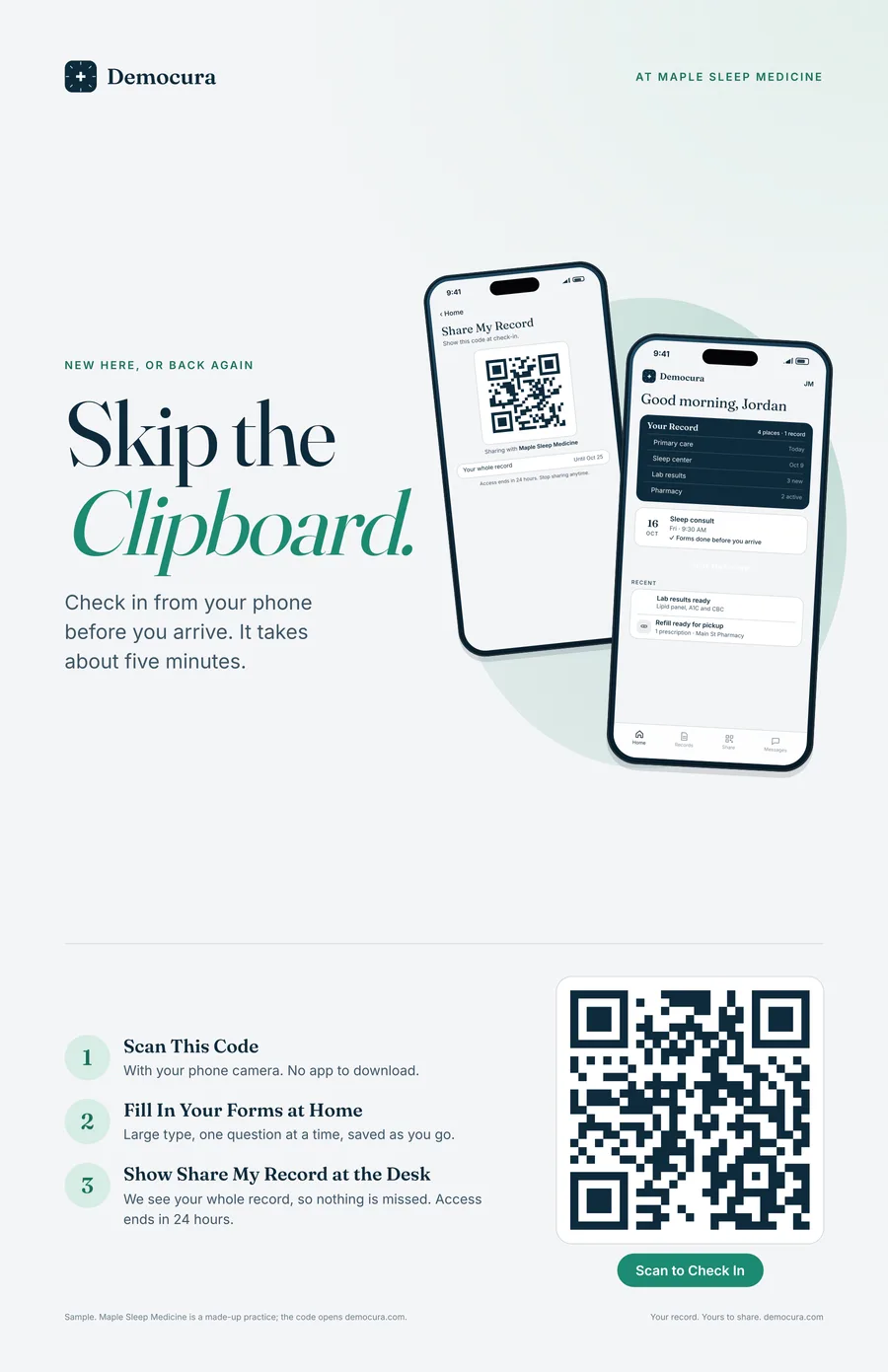 Counter poster: Skip the Clipboard. Check in from your phone before you arrive, with a code to scan.