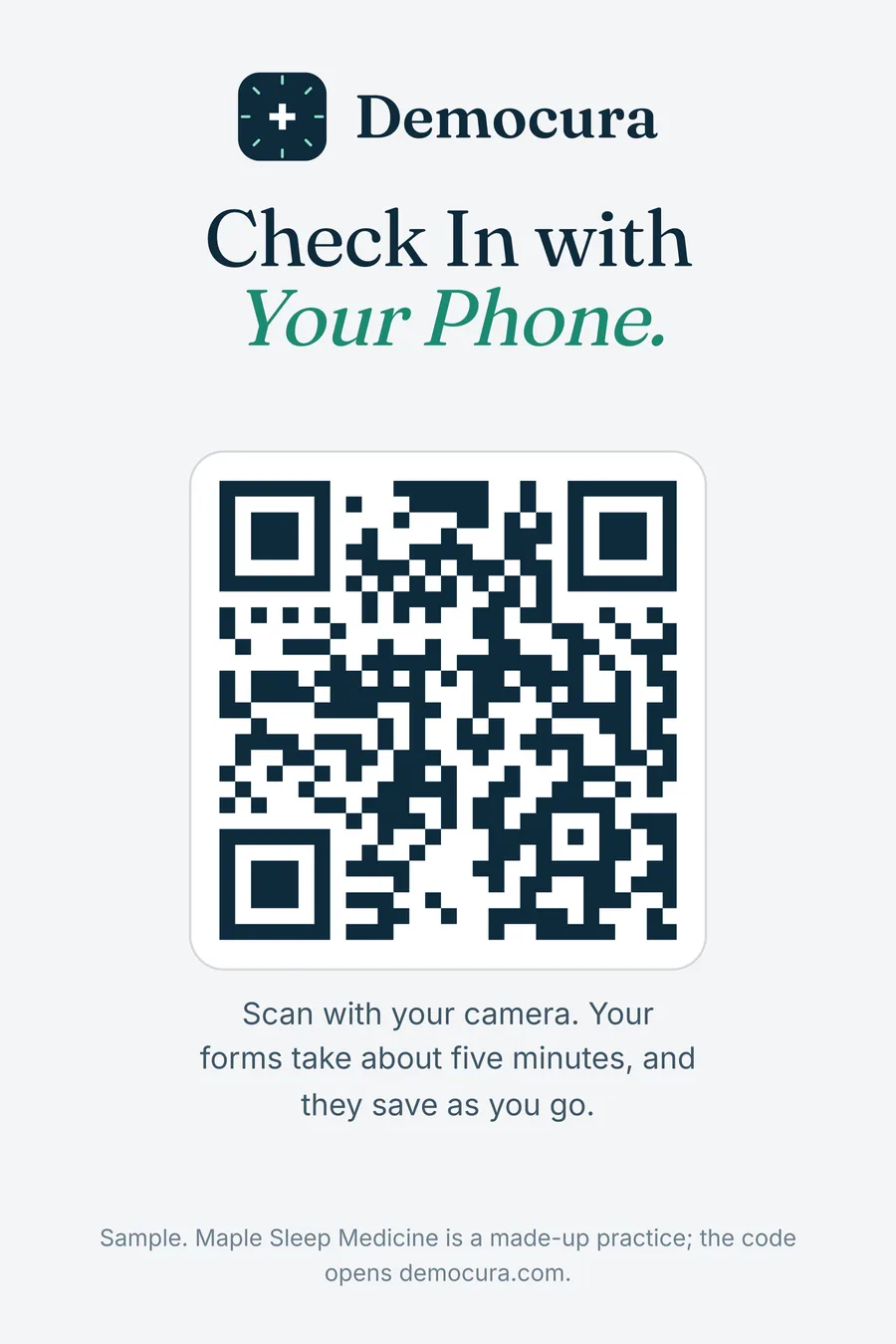 Counter tent card: Check In with Your Phone, with a large code to scan.