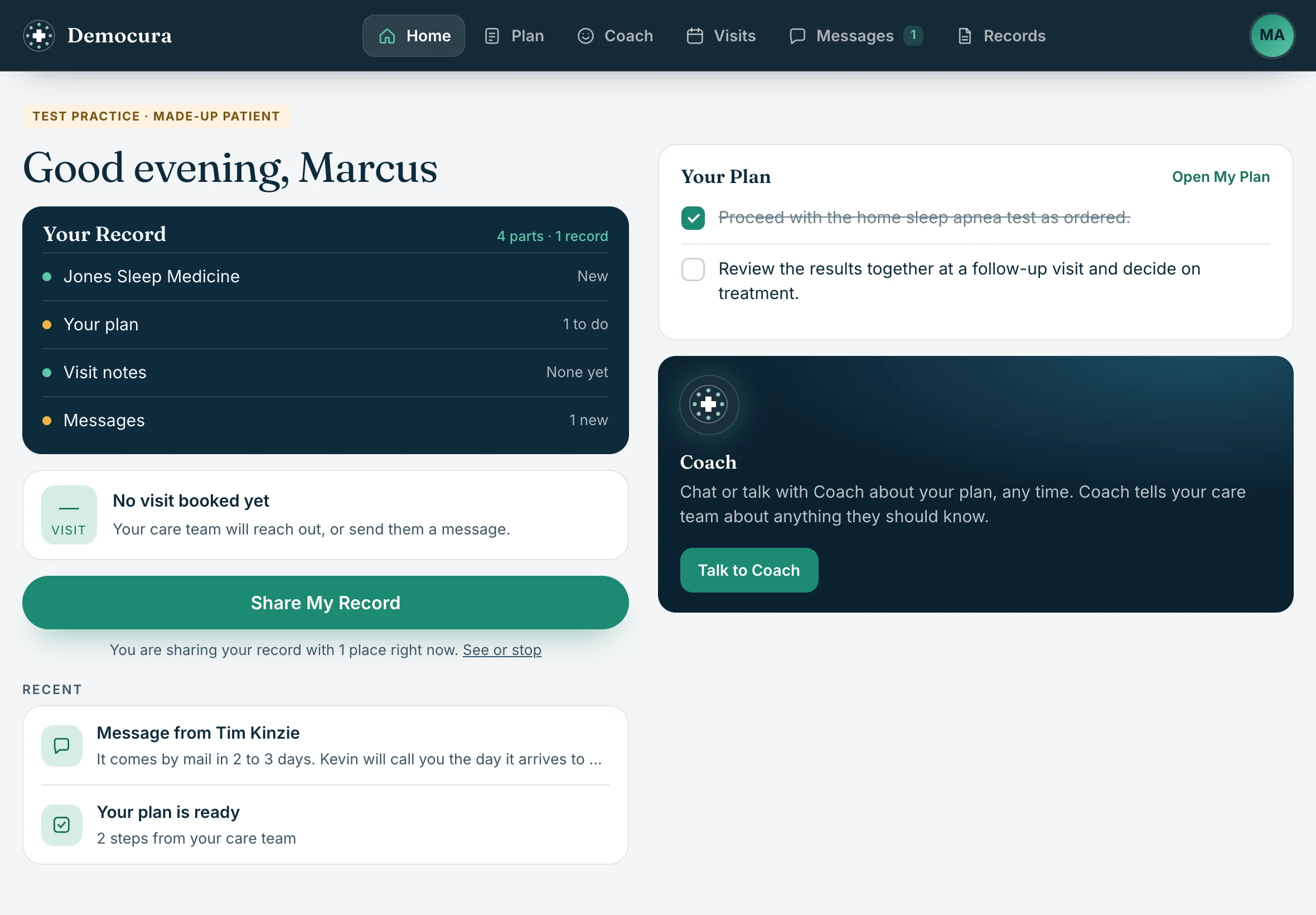 The patient portal home on an iPad, with the Coach card: chat or talk with Coach about your plan, and Coach tells your care team anything they should know