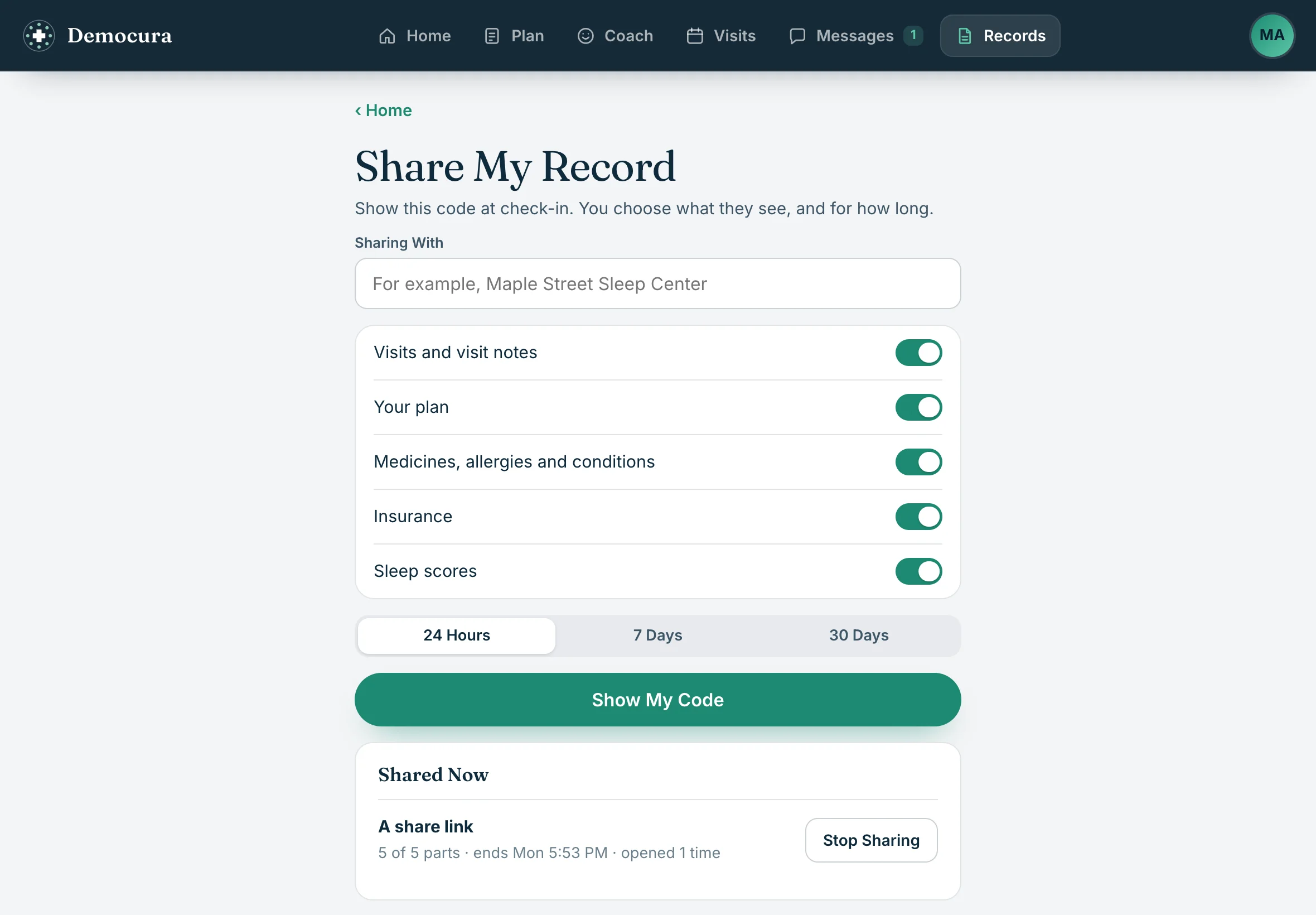 Share My Record on an iPad: who it is for, a switch for each part of the record, 24 hours, 7 days or 30 days, Show My Code, and a current share with Stop Sharing