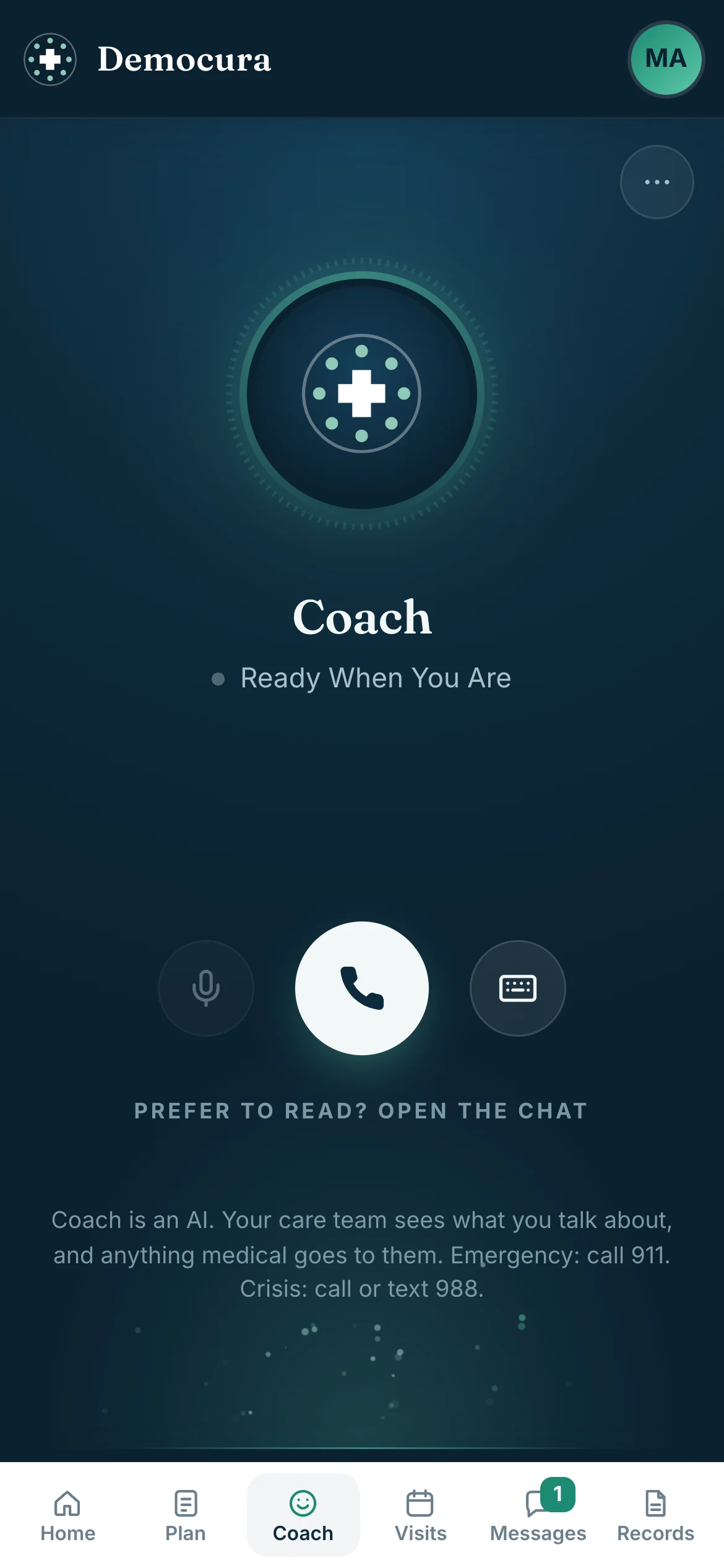 Coach on a phone, ready for a call: buttons to mute, call or type, and a note that Coach is an AI, the care team sees what you talk about, and in an emergency call 911