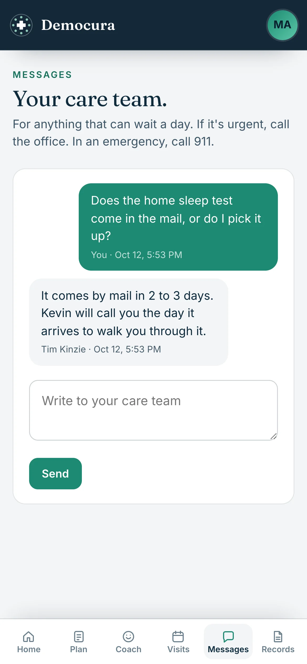Messages with the care team on a phone: a question about the home sleep test and the reply