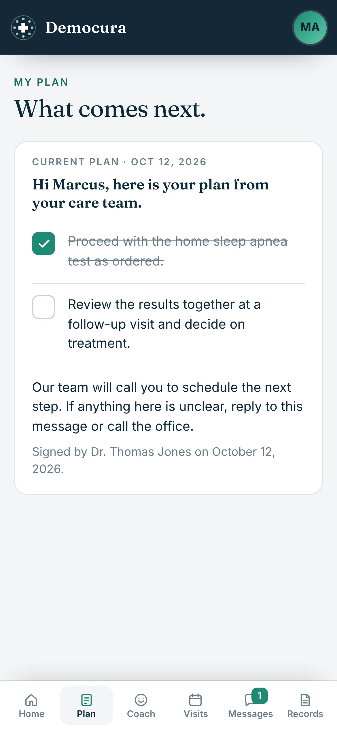 My Plan on a phone: the plan the doctor signed, with steps to check off