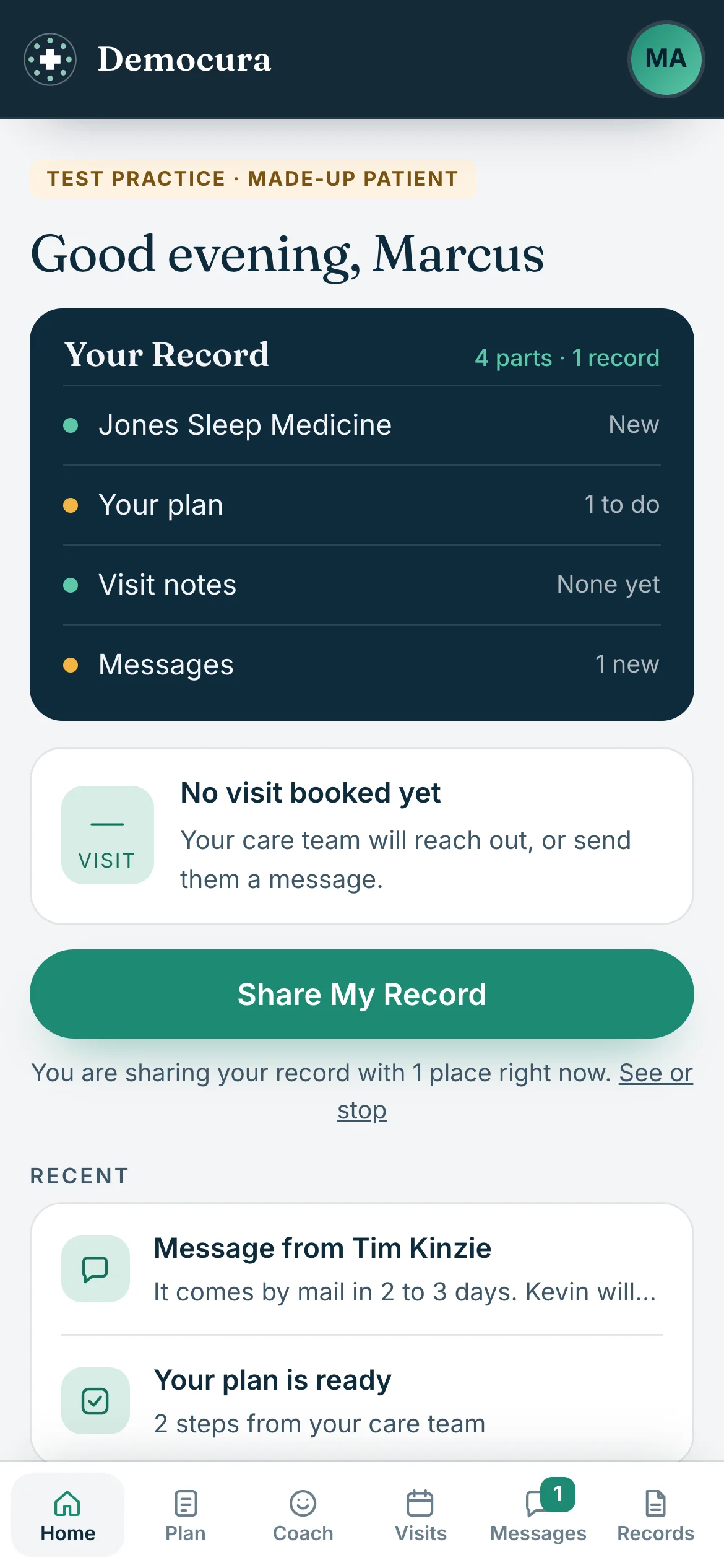 The portal home on a phone: Your Record, the next visit, a Share My Record button and recent messages