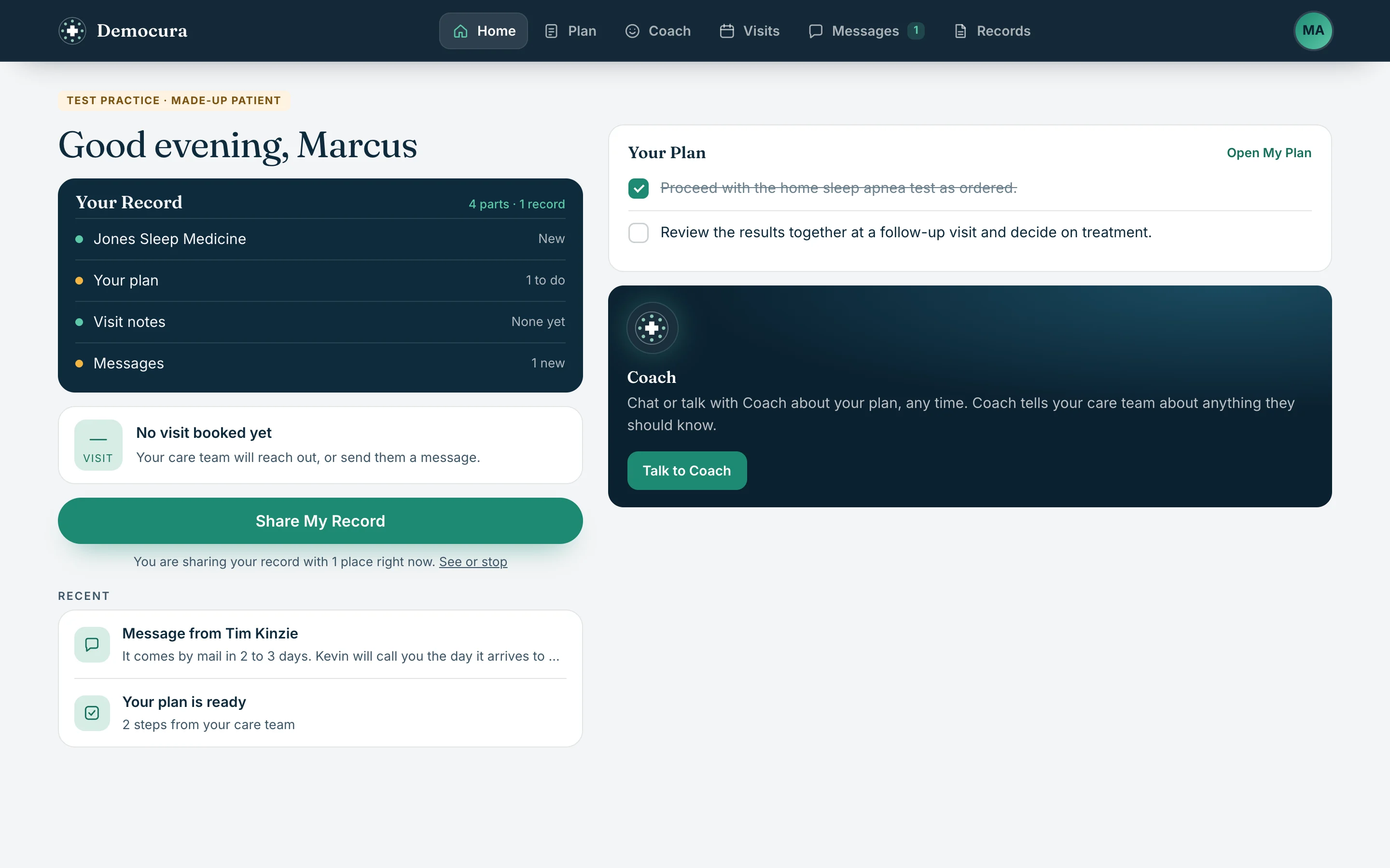 The patient portal home on a computer: Your Record, the next visit, a Share My Record button, recent messages, the plan with steps to check off, and Coach
