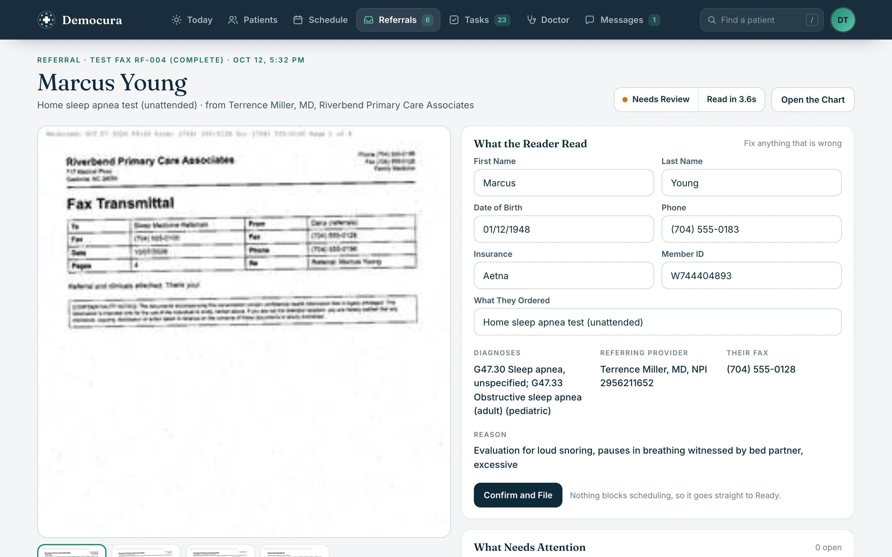 A faxed referral beside what the Democura Reader read from it: the patient's name, date of birth, phone, insurance, member ID, the order, diagnoses and referring provider, with a Confirm and File button and a note that nothing blocks scheduling