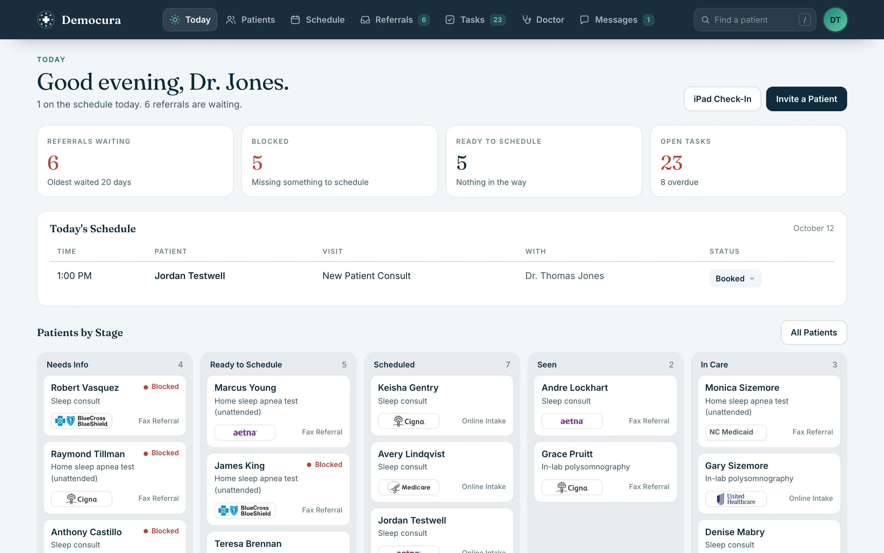 The Today screen: counts of referrals waiting, patients blocked, patients ready to schedule and open tasks, today's schedule, and patients on a board by stage with their insurer's logo